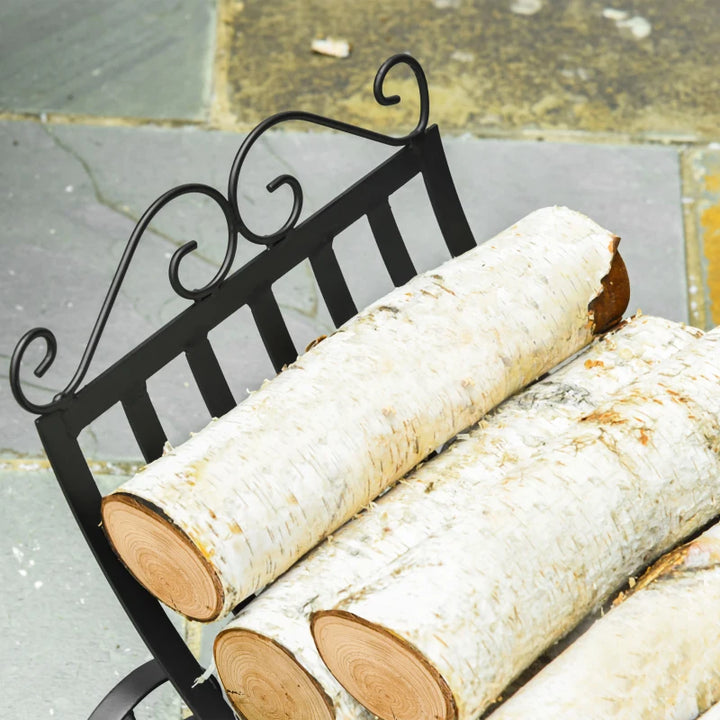 Stylish 23" Firewood Log Rack Curved Fireplace Holder Storage w/ Scrolls Outdoor Indoor - Black