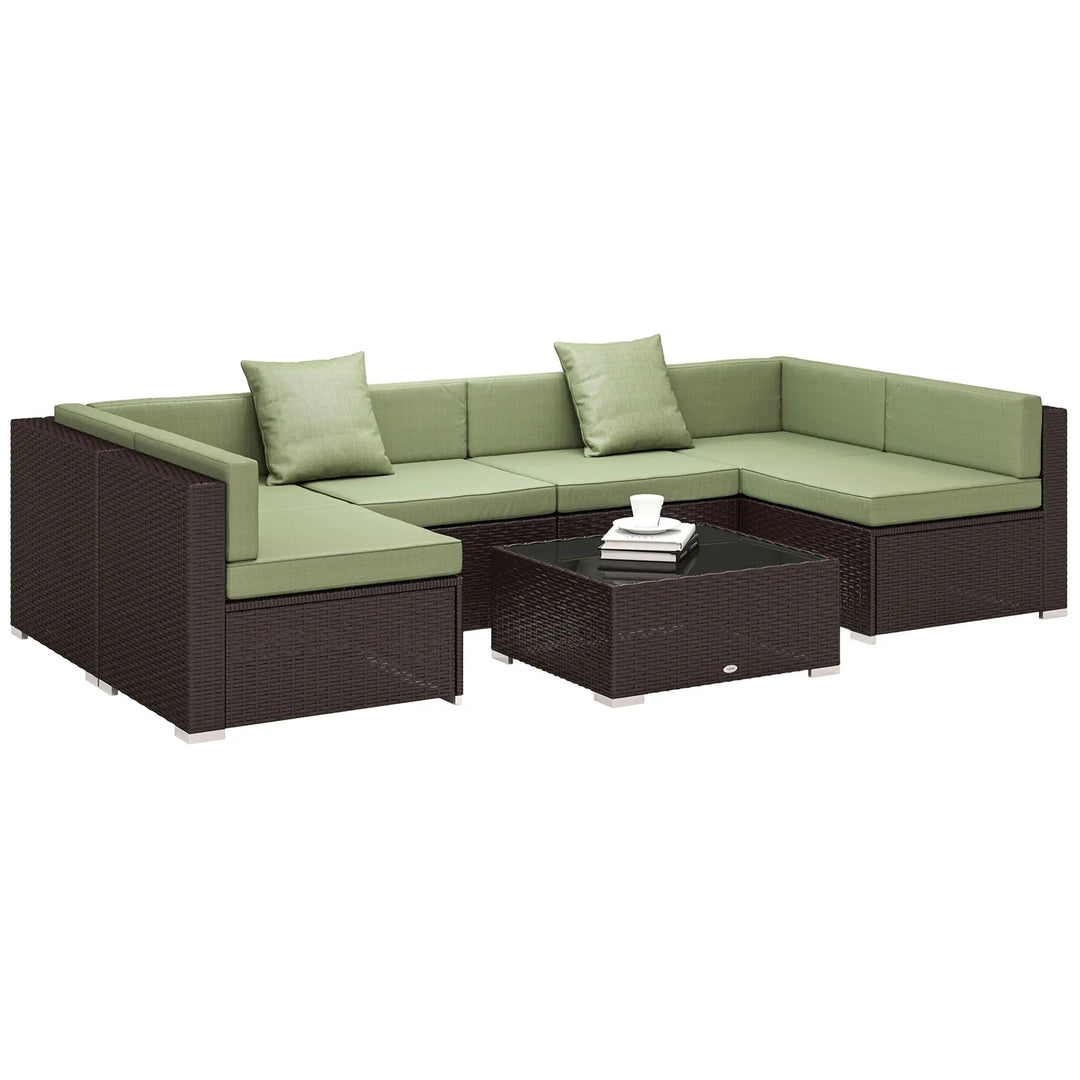 7pc 6-Seat Rattan Wicker Sectional Conversation Set w Cushions Outdoor Patio, Dk Brown, Light Green