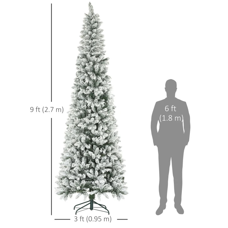 9ft Tall 1277-Tip Unlit Snow Flocked Slim Artificial Pencil Christmas Holiday Xmas Tree, Green