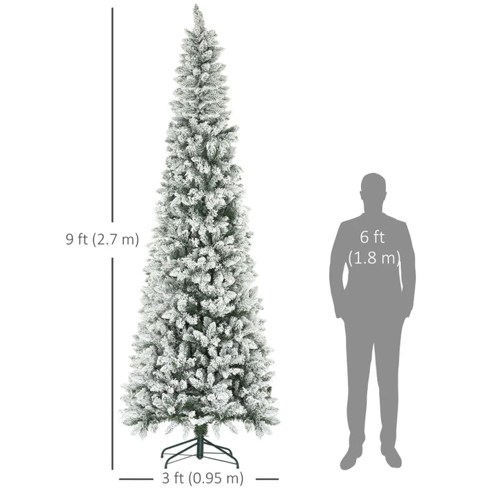 9ft Tall 1277-Tip Unlit Snow Flocked Slim Artificial Pencil Christmas Holiday Xmas Tree, Green