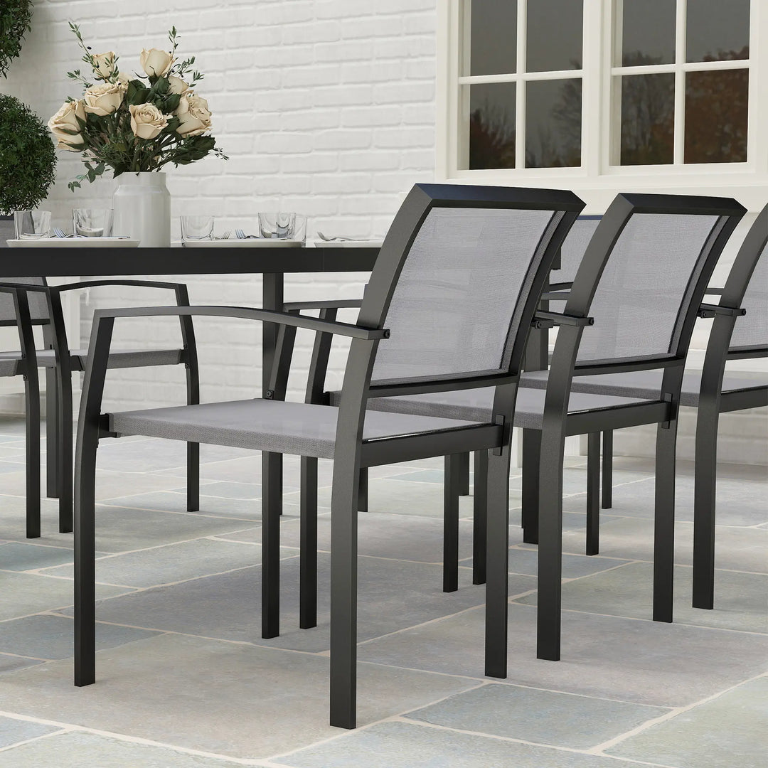 9pc 8-Seat Steel Outdoor Dining Set w Composite Tabletop, 8 Stackable Chairs for Garden Patio, Grey