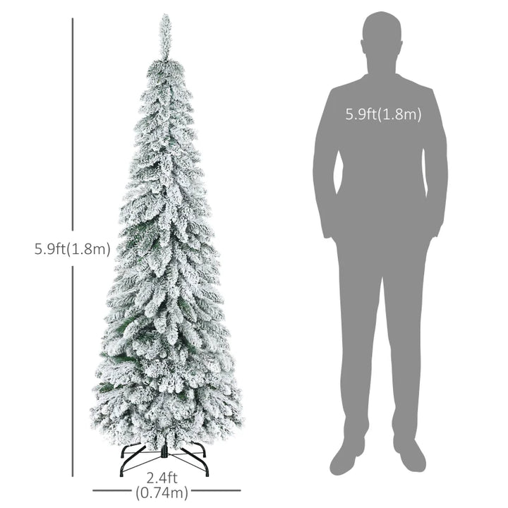 6ft 523-Tip Unlit Snow Flocked Slim Pencil Artificial Christmas Holiday Tree Xmas Decor, Green