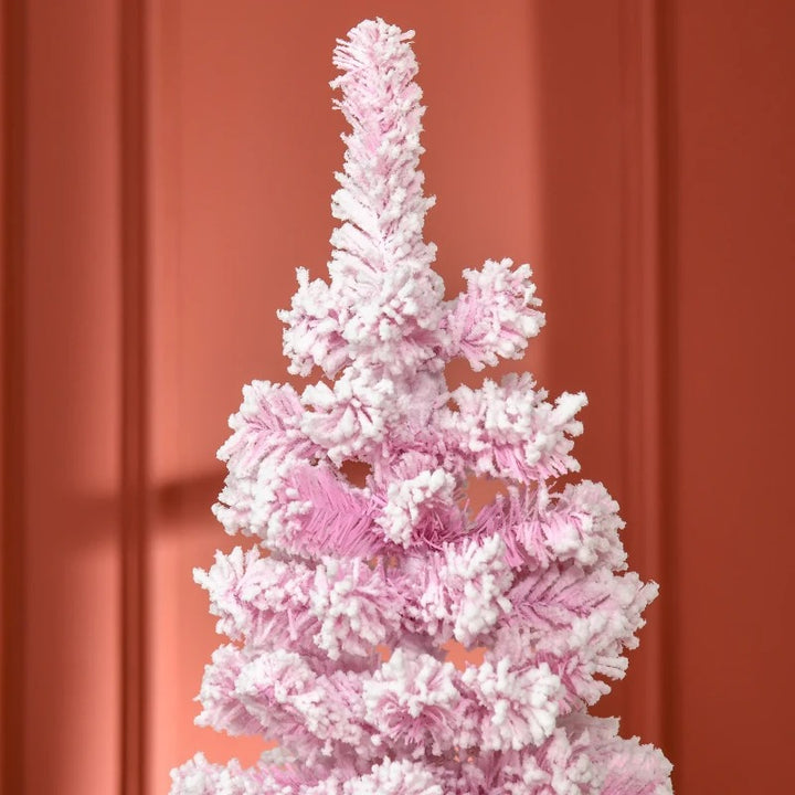 6ft 520-Tip Slim Snow Flocked Unlit Artificial Pencil Christmas Holiday Tree, Base Xmas, Pink