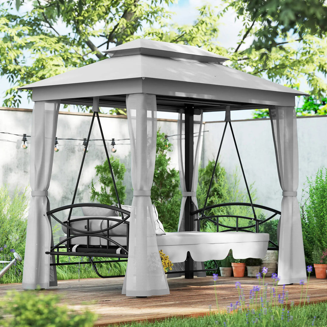 Deluxe 3-Seat Swing / Daybed w Gazebo Canopy Mesh Curtains, Cushions for Patio Garden Outdoor, Grey