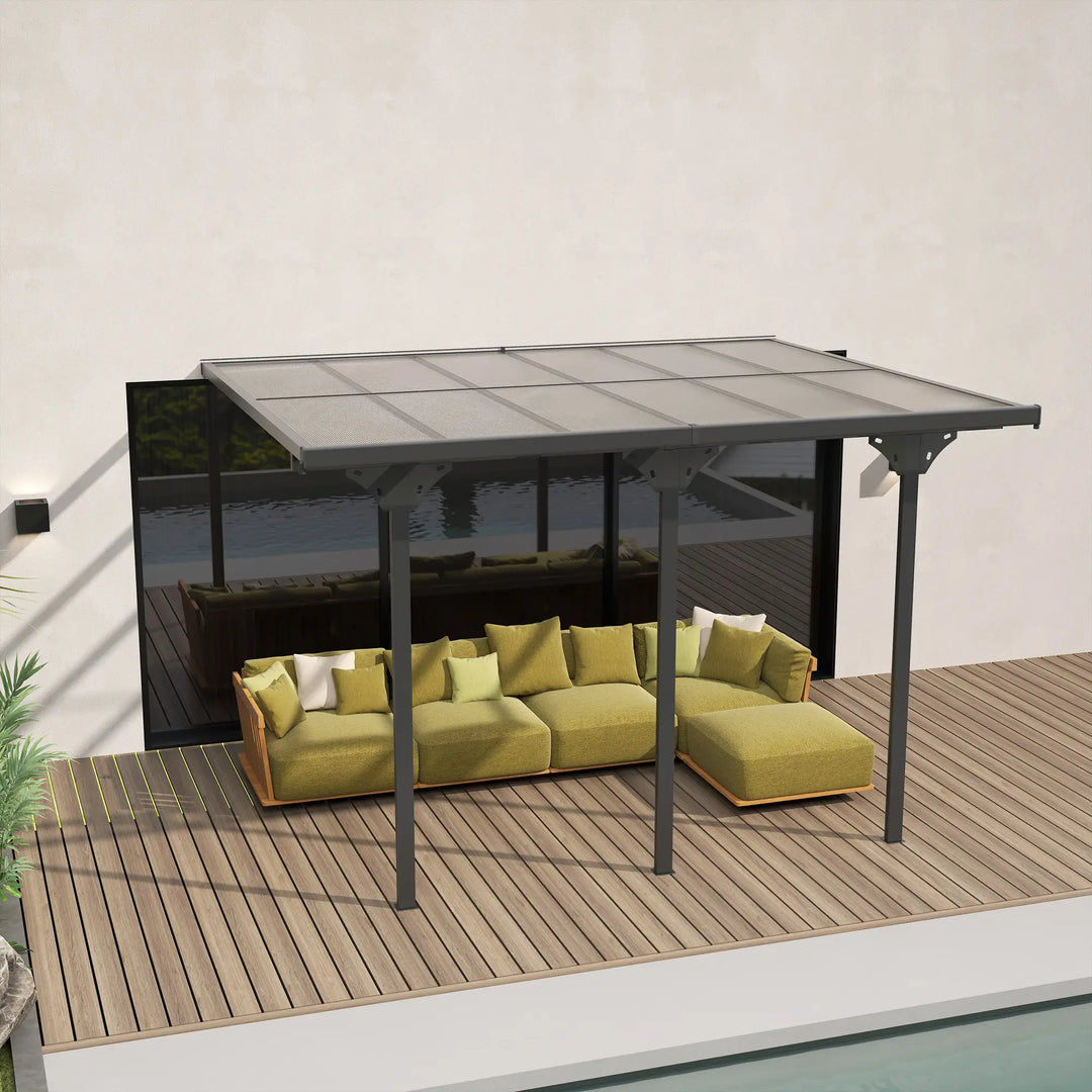 12' x 10' Wall-Mounted Adjustable Sloped Aluminum PC Hardtop Gazebo Pergola Awning Canopy, Grey