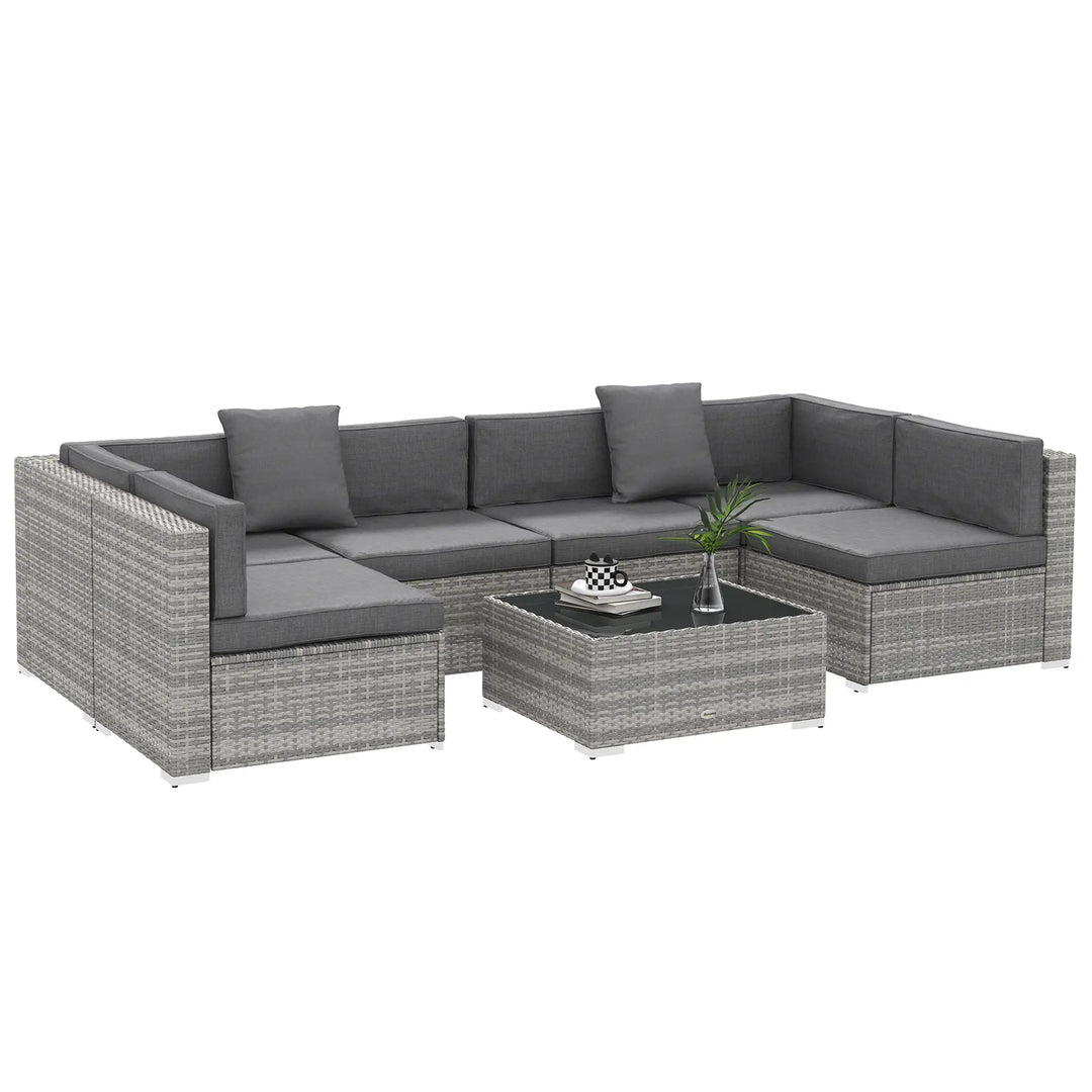 7pc 6-Seat Rattan Wicker Sectional Conversation Sofa Set w Cushions Outdoor Patio, Mixed Lt Grey