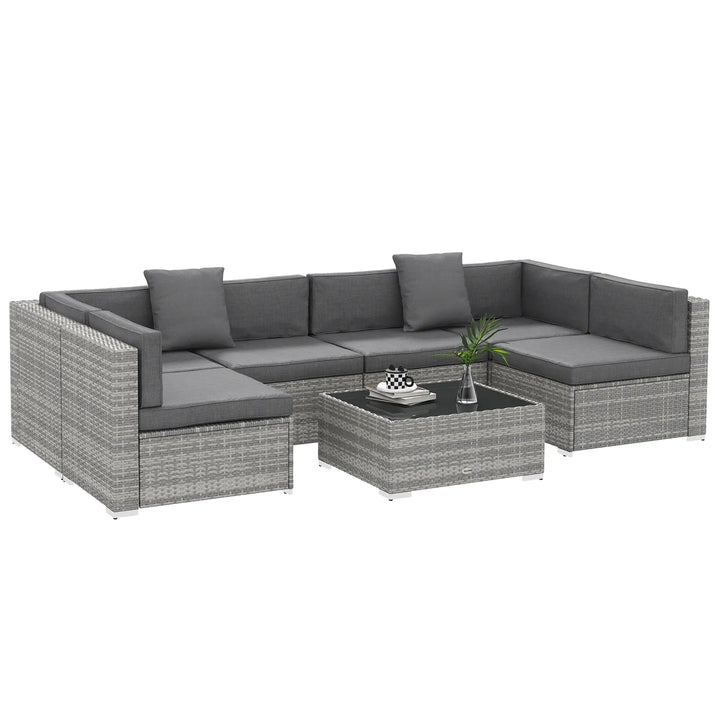7pc 6-Seat Rattan Wicker Sectional Conversation Sofa Set w Cushions Outdoor Patio, Mixed Lt Grey