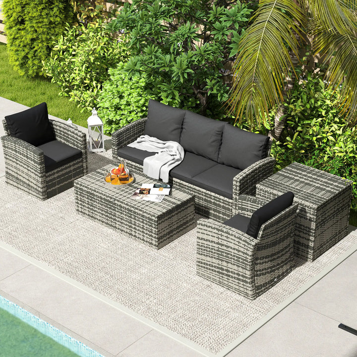 6pc 7-Seat Premium PE Rattan Wicker Conversation Outdoor Patio Set, Cushions & Storage, Grey, Black