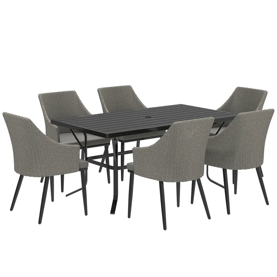 7pc, 6 Seat Chic Outdoor Patio Dining Set w Steel Slatted Table, Rattan Chairs, Umbrella Hole, Grey