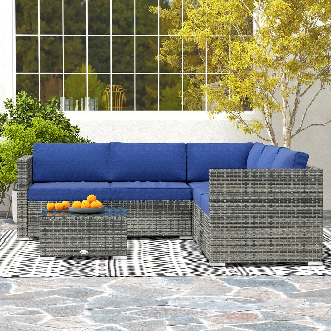 4pc L-Shape PE Rattan Wicker Corner Sectional Outdoor Patio Furniture Set, Cushions, Navy Blue Grey