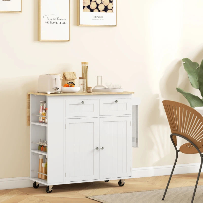 Electric Kitchen Island Cart w Power & USB Port, Drop-leaf Countertop w Wheels, Wood Top, White