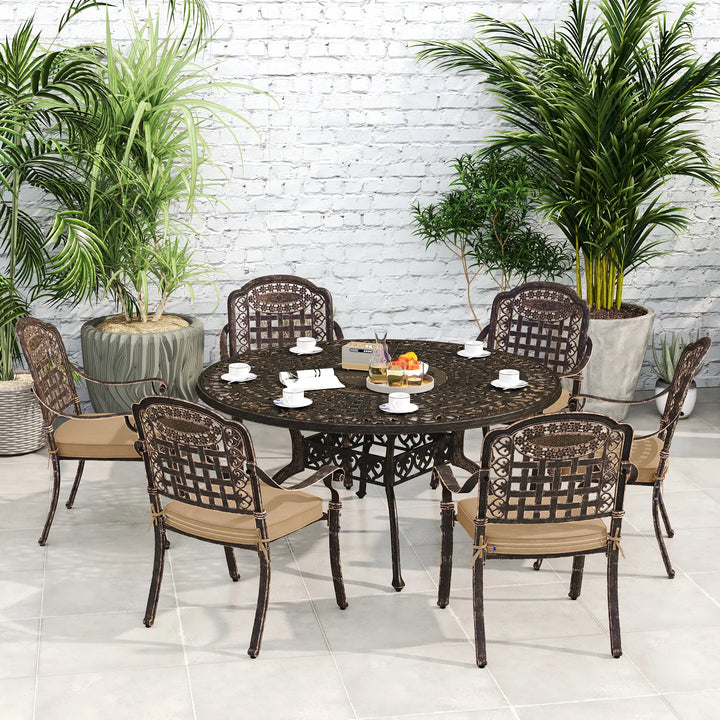 7pc Cast Aluminum Round Dining Table Set w 6 Chairs, Cushions, Outdoor Patio, Bronze Brown, Beige