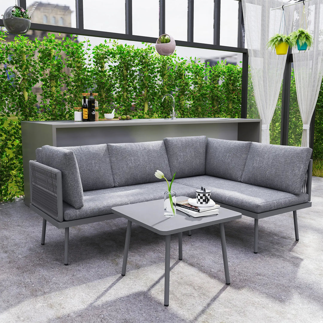 3pc, 4-Seat Steel Wicker L-Shape Sectional Conversation Love Seat Outdoor Patio Set w Table, Grey