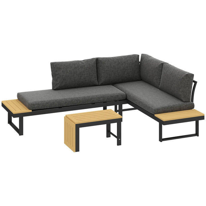 3pc Modular Aluminum Sectional Conversation Love Seat Sofa Set w Cushions Table Outdoor Patio, Grey