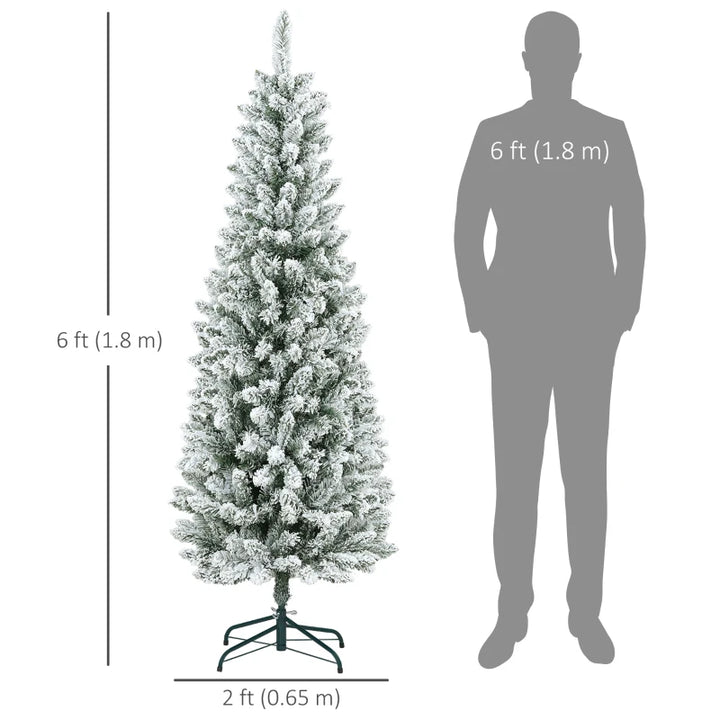 6ft 479-Tip Unlit Snow Flocked Slim Artificial Pencil Christmas Holiday Fake Xmas Tree, Green