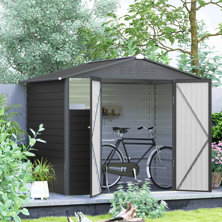 8' x 6' Galv Steel Metal Outdoor Bike Tool Storage Utility Garden Shed, Swing Doors, Windows, Grey