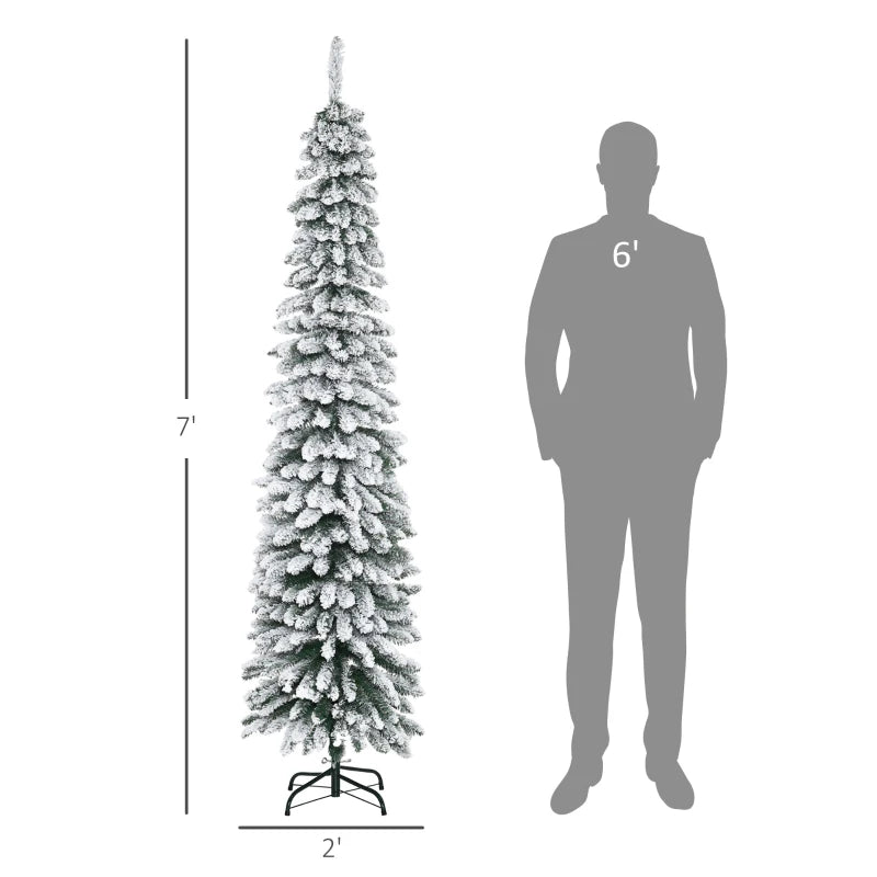 NEW 7ft 490-Tip Ultra Slim Snow Flocked Pencil Artificial Christmas Holiday Fake Xmas Tree, Green