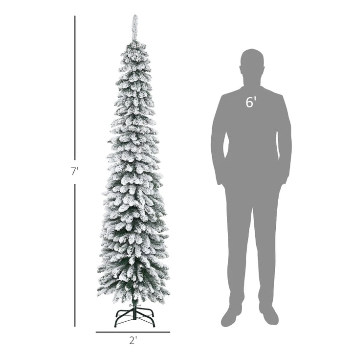 NEW 7ft 490-Tip Ultra Slim Snow Flocked Pencil Artificial Christmas Holiday Fake Xmas Tree, Green