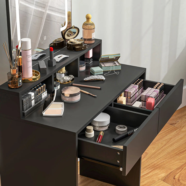 Compact Illuminated Vanity Makeup Dressing Bedroom Table w Square LED Mirror, Drawers, Black