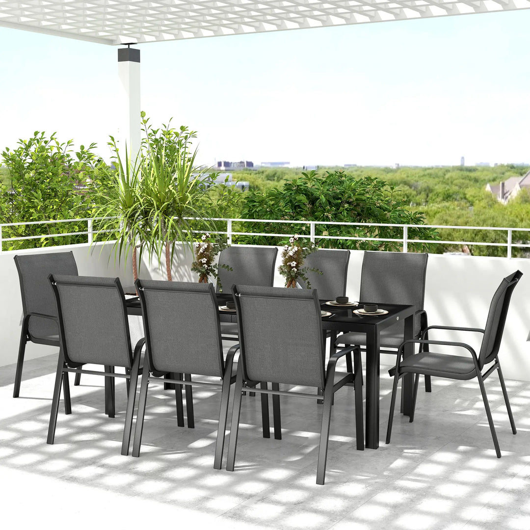 9pc 8-Seat Steel Outdoor Dining Set w Glass Tabletop, 8 Stackable Chairs, Garden Patio, Black, Grey