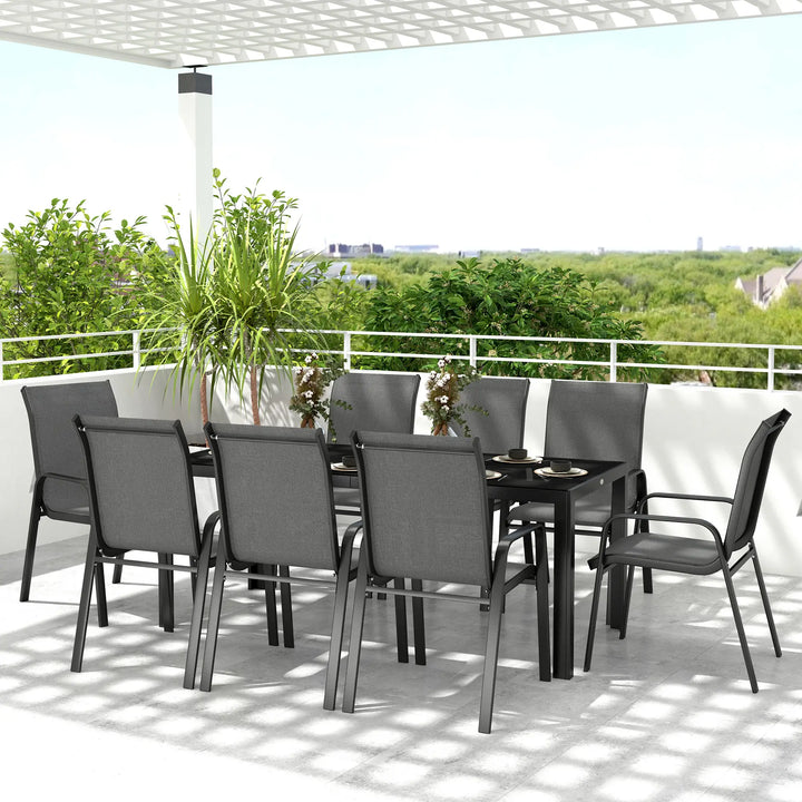 9pc 8-Seat Steel Outdoor Dining Set w Glass Tabletop, 8 Stackable Chairs, Garden Patio, Black, Grey