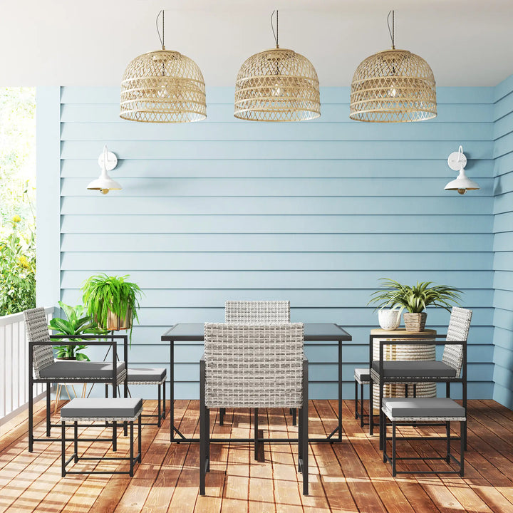 9pc 8 Seat Compact PE Rattan Wicker Dining Table Set w Ottomans, Cushions for Outdoor Patio - Grey