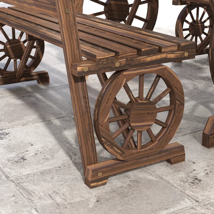 3pc Rustic Farmhouse Wheel Wooden Outdoor Dining Table & Bench Patio Set, Stained Pine, Brown