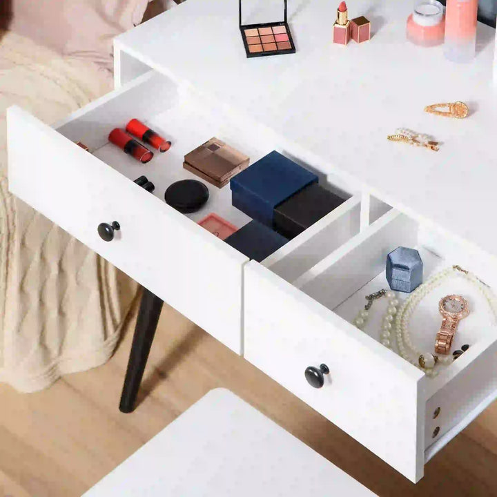 Chic Vanity Makeup Bedroom Dressing Table w Mirror, Stool, Drawers, Open Shelves, White & Black