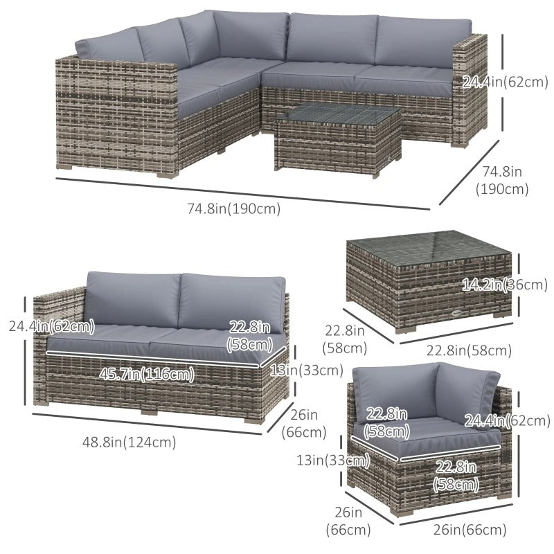 4pc L-Shape PE Rattan Wicker Corner Sectional Patio Furniture Set w/ Cushions for Garden - Grey