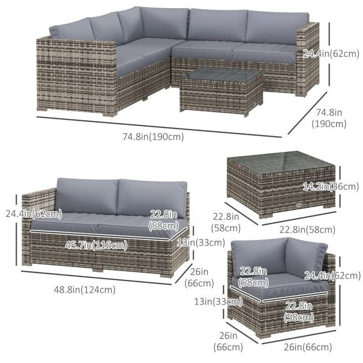 4pc L-Shape PE Rattan Wicker Corner Sectional Patio Furniture Set w/ Cushions for Garden - Grey