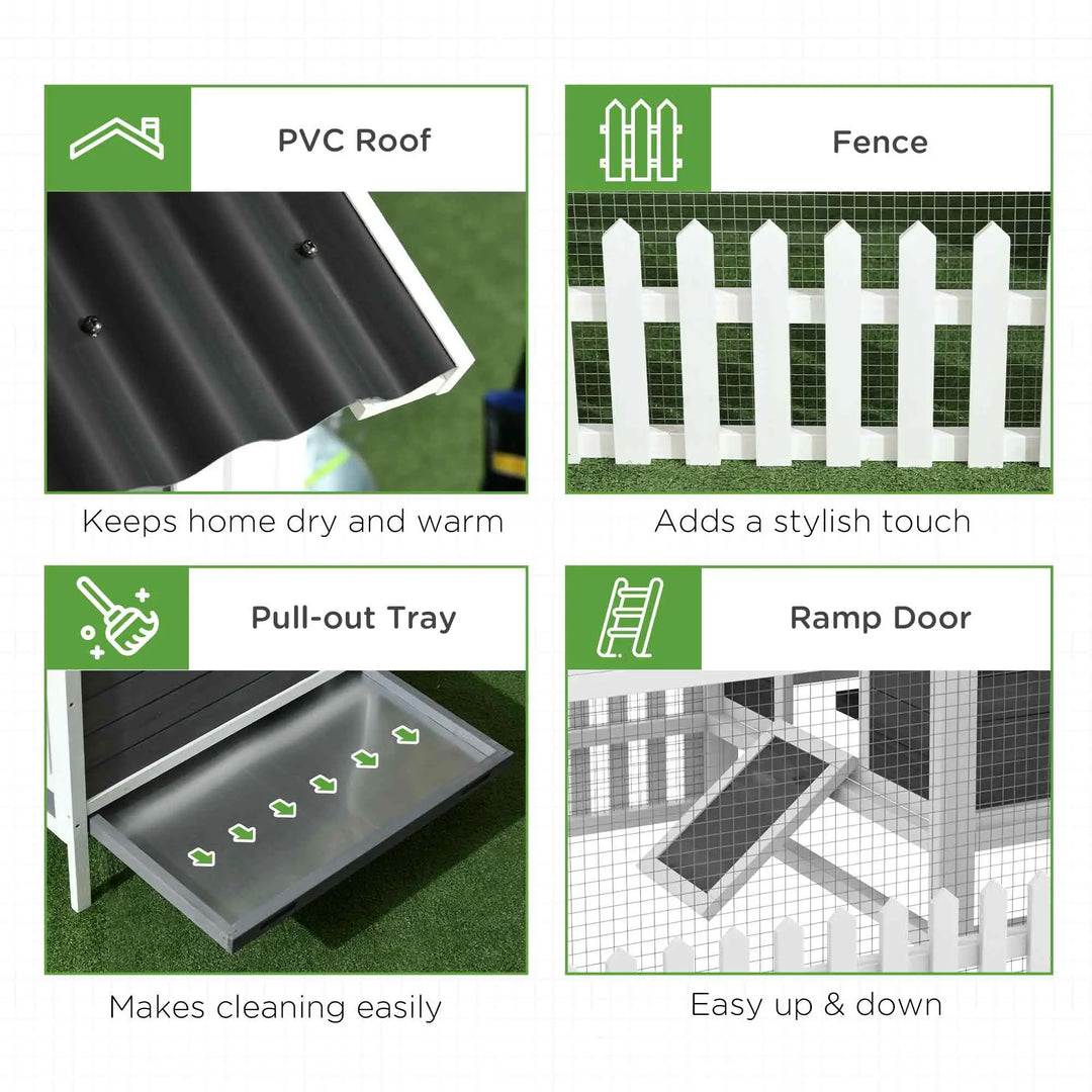 Deluxe Wooden Chicken Coop Hen House w Windows, Ramp, Nesting Box, Fence for Rabbit, Ducks, Grey