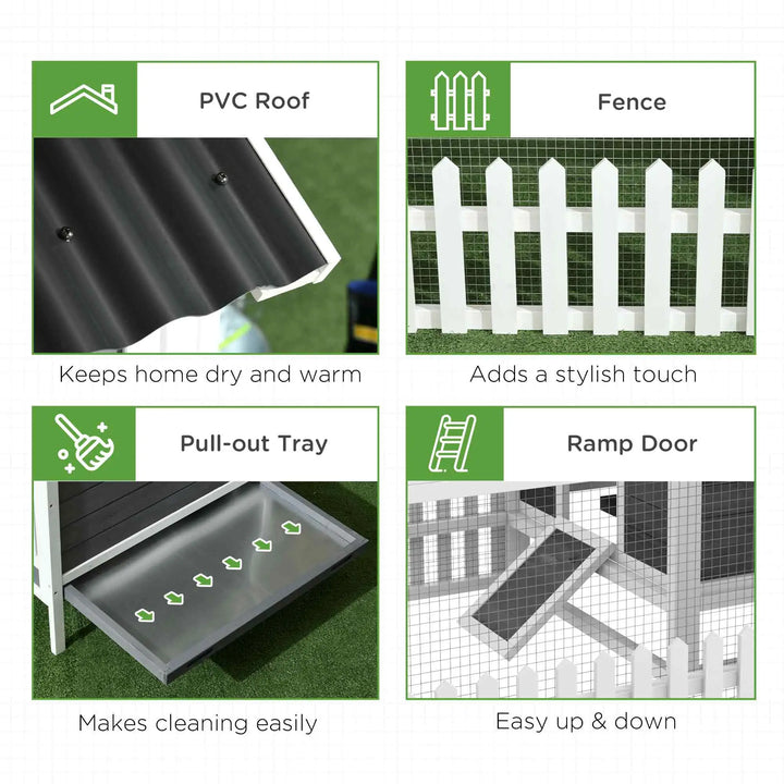 Deluxe Wooden Chicken Coop Hen House w Windows, Ramp, Nesting Box, Fence for Rabbit, Ducks, Grey