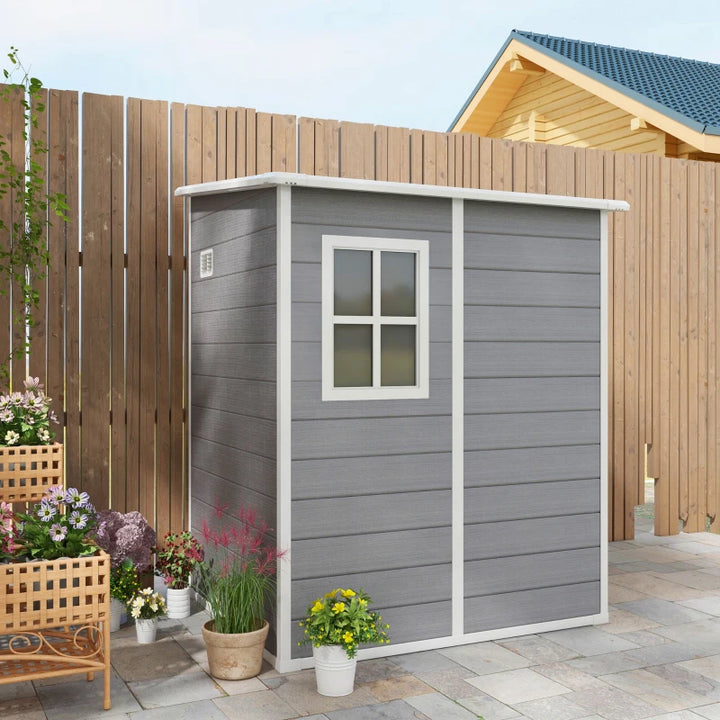 4' x 5' Resin PP Plastic Aluminum Lean To Outdoor Tool Storage Garden Shed w Door, Window, Grey
