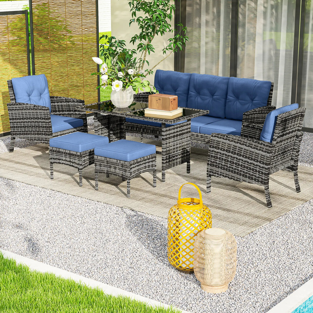 6pc PE Rattan Wicker Outdoor Dining Table Patio Sofa Furniture Set w Cushions, Ottomans, Blue, Grey