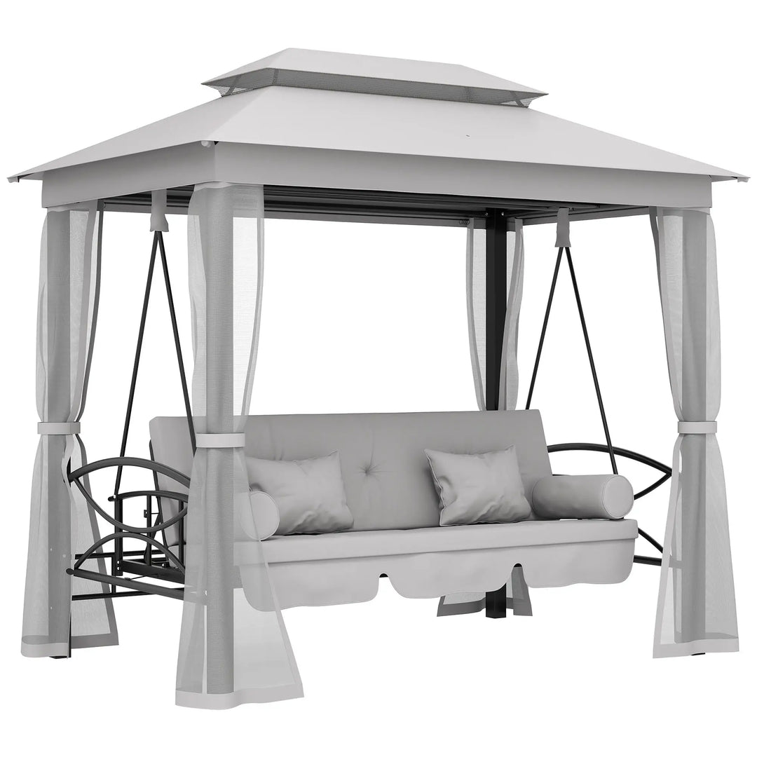 Deluxe 3-Seat Swing / Daybed w Gazebo Canopy Mesh Curtains, Cushions for Patio Garden Outdoor, Grey