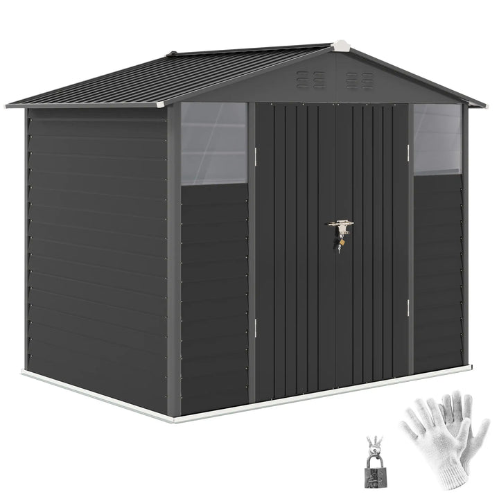 8' x 6' Galv Steel Metal Outdoor Bike Tool Storage Utility Garden Shed, Swing Doors, Windows, Grey