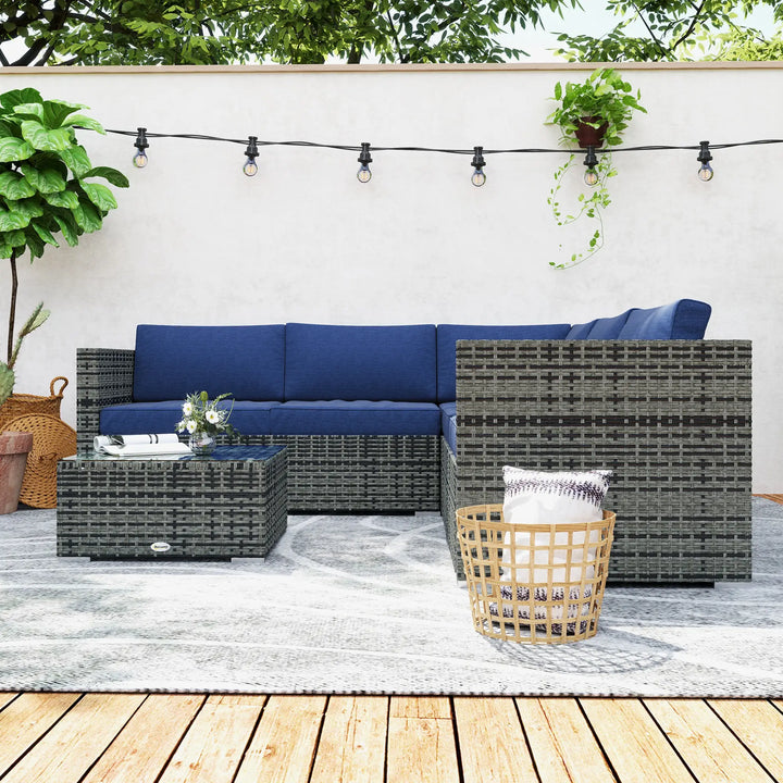 4pc L-Shape PE Rattan Wicker Corner Sectional Outdoor Patio Furniture Set, Cushions, Navy Blue Grey