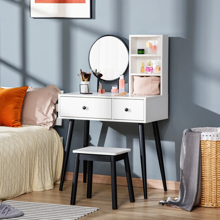 Chic Vanity Makeup Bedroom Dressing Table w Mirror, Stool, Drawers, Open Shelves, White & Black