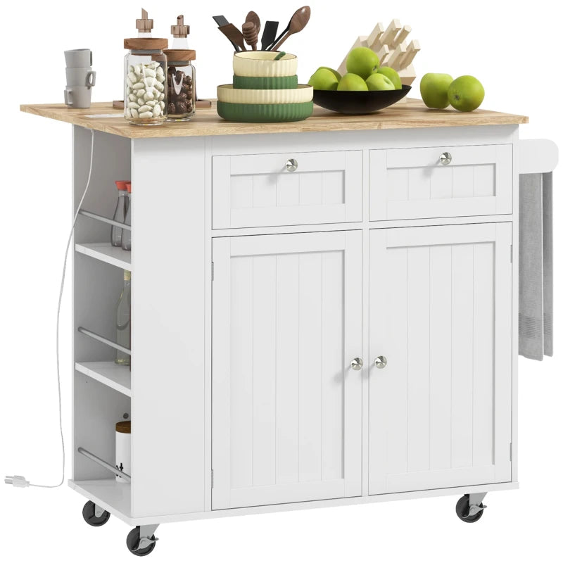 Electric Kitchen Island Cart w Power & USB Port, Drop-leaf Countertop w Wheels, Wood Top, White