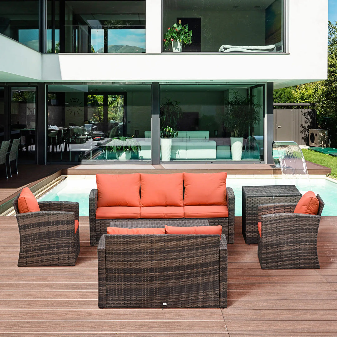 6pc 7-Seat Premium PE Rattan Wicker Conversation Outdoor Patio Set, Cushions Storage, Brown, Orange