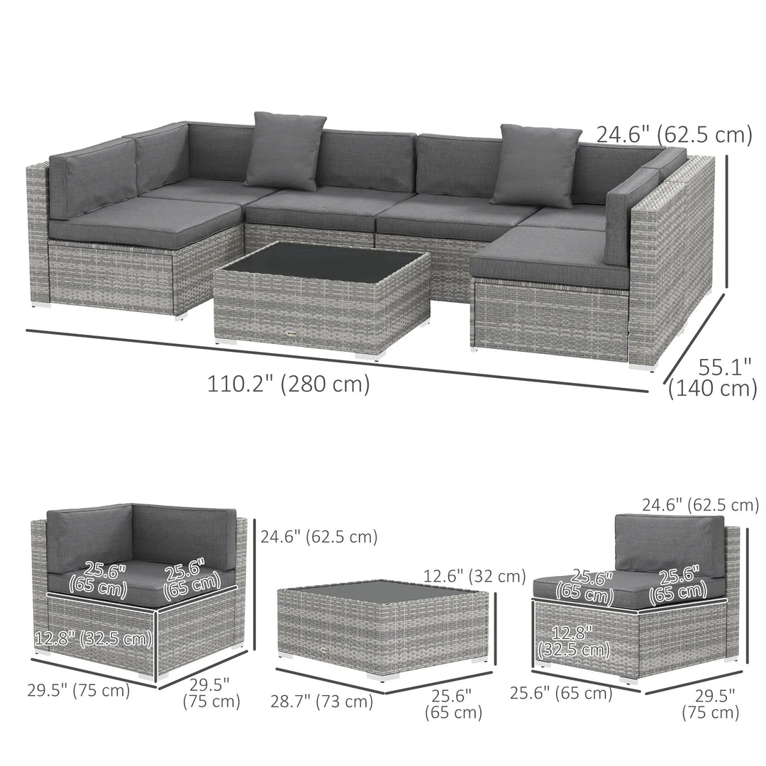 7pc 6-Seat Rattan Wicker Sectional Conversation Sofa Set w Cushions Outdoor Patio, Mixed Lt Grey
