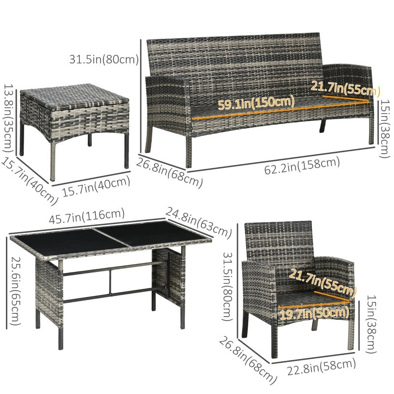 6pc PE Rattan Wicker Outdoor Dining Table Patio Sofa Furniture Set w/ Cushions, Ottomans, Grey