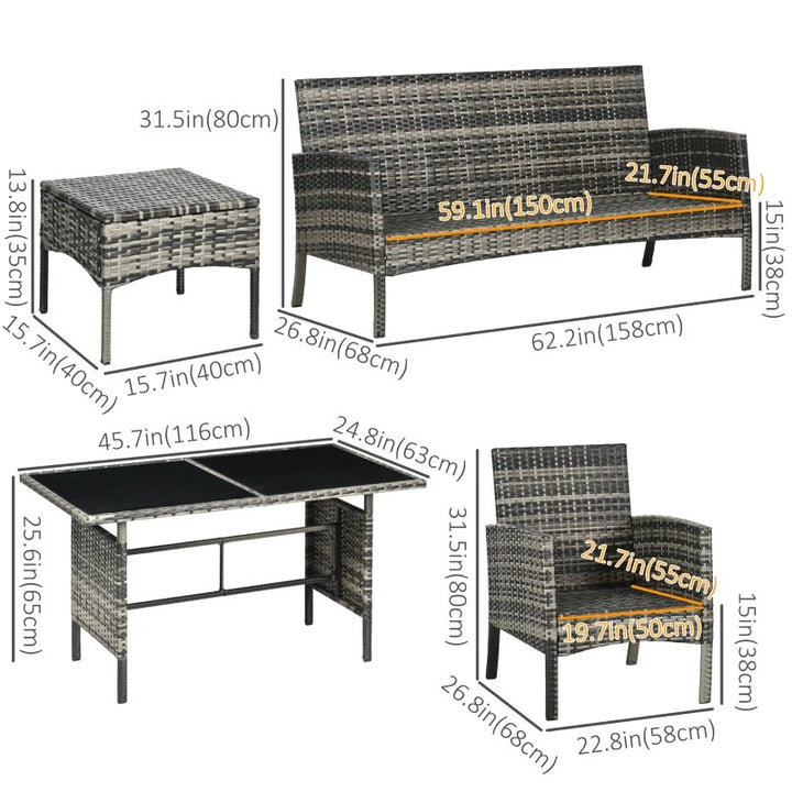 6pc PE Rattan Wicker Outdoor Dining Table Patio Sofa Furniture Set w/ Cushions, Ottomans, Grey