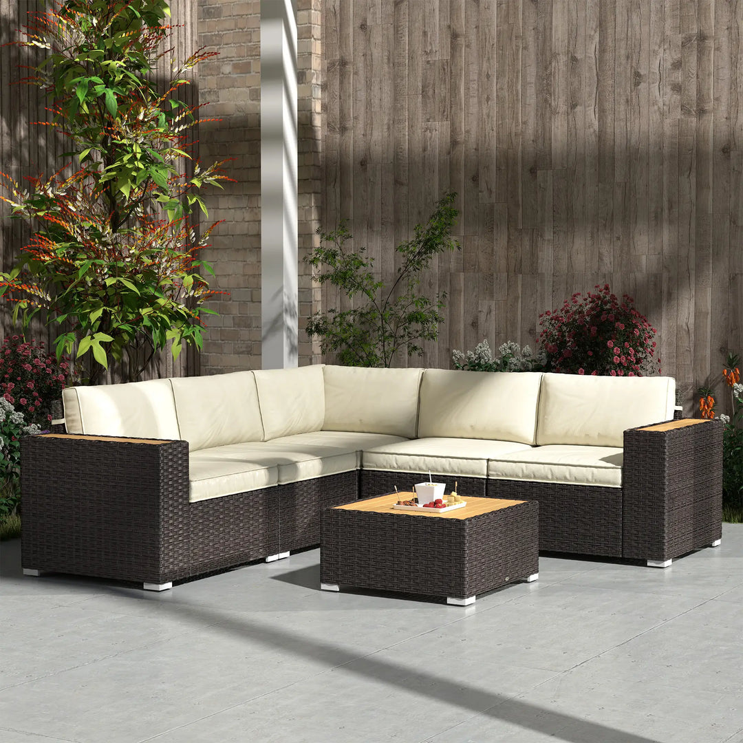 6pc 5-Seat Premium L-Shape PE Rattan Wicker Sectional Conversation Patio Set, Brown, Cream Beige