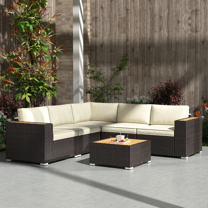 6pc 5-Seat Premium L-Shape PE Rattan Wicker Sectional Conversation Patio Set, Brown, Cream Beige