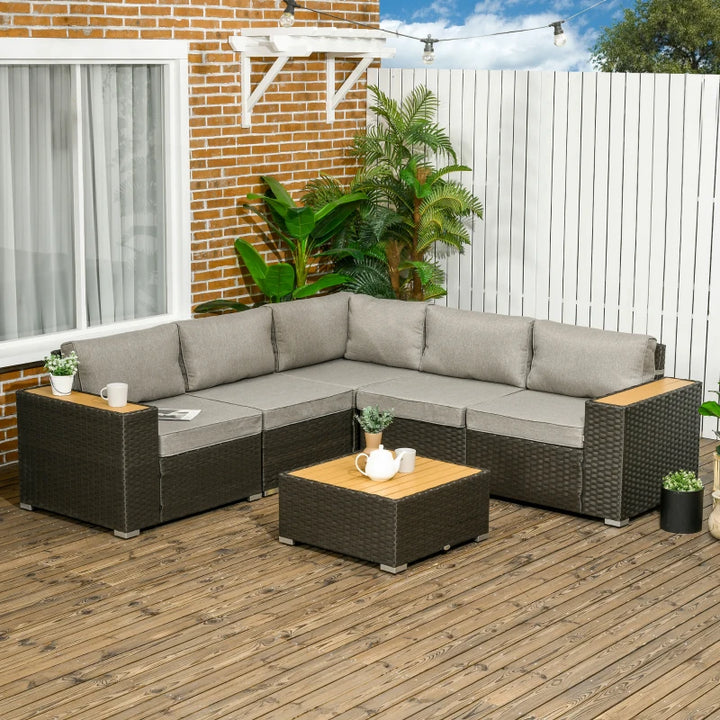 6pc Premium L-Shape PE Rattan Wicker Sectional Conversation Sofa Set Outdoor Patio, Brown, Grey