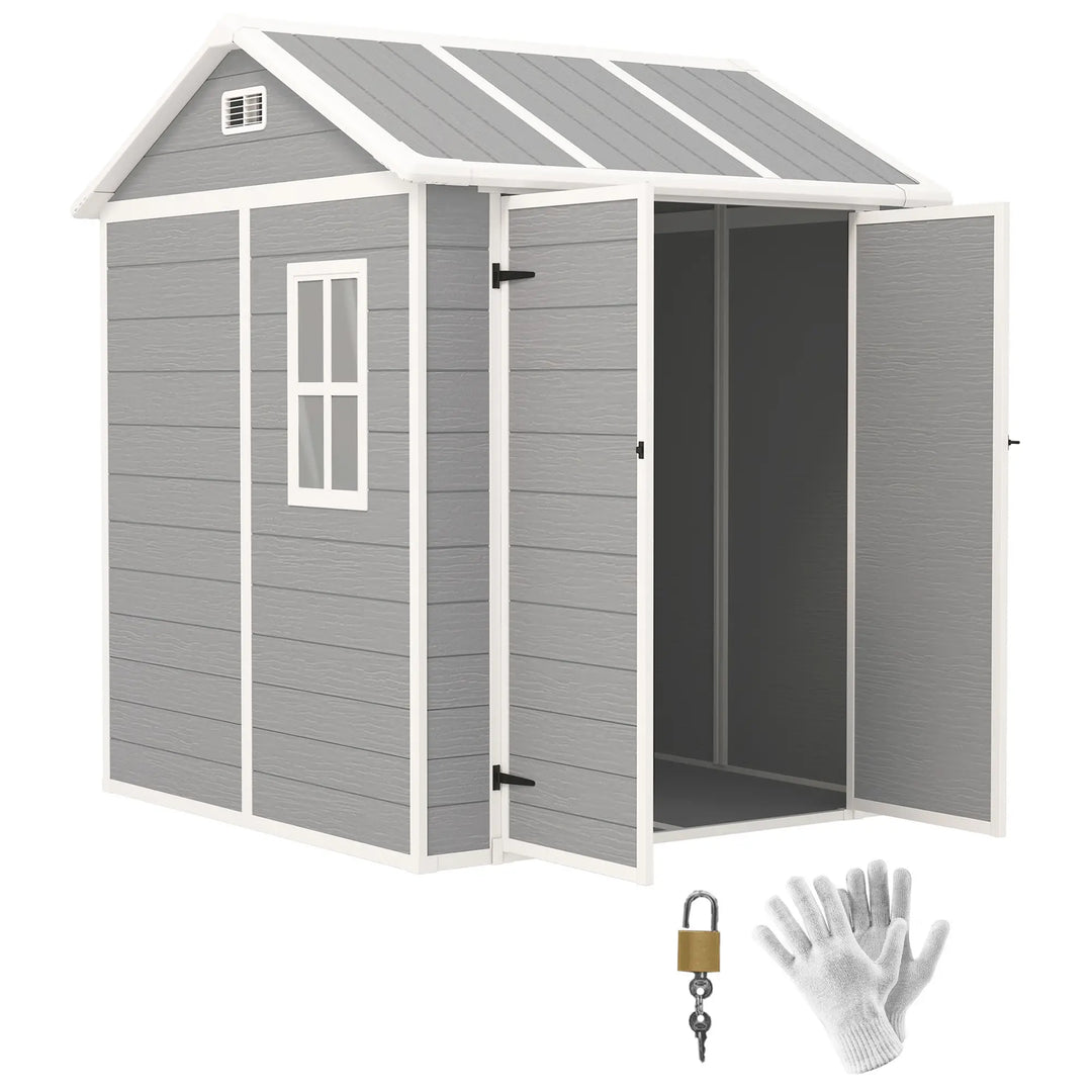 6' x 6' Resin PP Plastic Aluminum Outdoor Tool Storage Garden Shed w 2 Swing Doors, Windows, Grey
