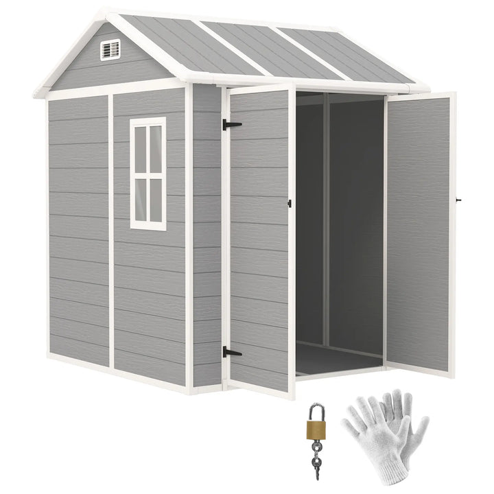 6' x 6' Resin PP Plastic Aluminum Outdoor Tool Storage Garden Shed w 2 Swing Doors, Windows, Grey