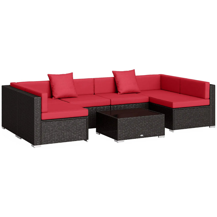 7pc 6-Seat Rattan Wicker Sectional Conversation Sofa Set w Cushions Outdoor Patio, Wine Red, Brown