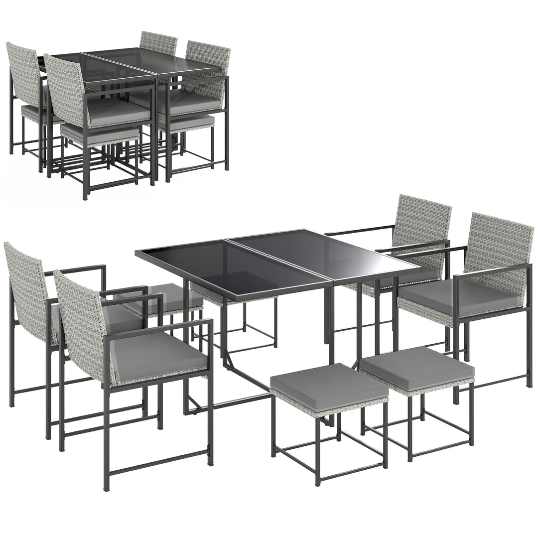 9pc 8 Seat Compact PE Rattan Wicker Dining Table Set w Ottomans, Cushions for Outdoor Patio - Grey